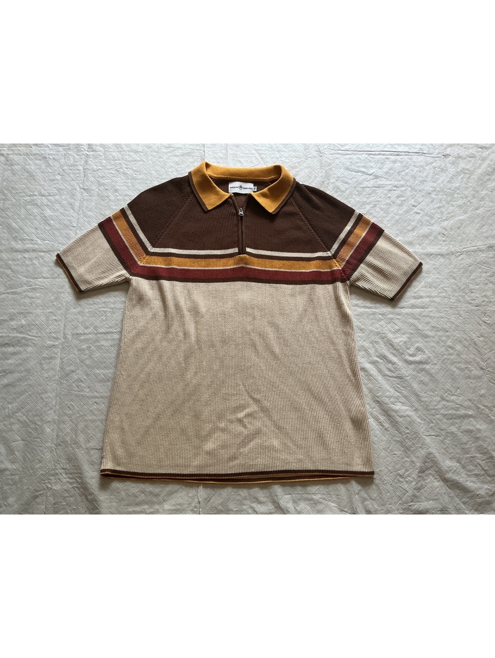 Modcap England Zip Knit Polo 2XL Raglan Retro Striped Brown Beige Yellow Red